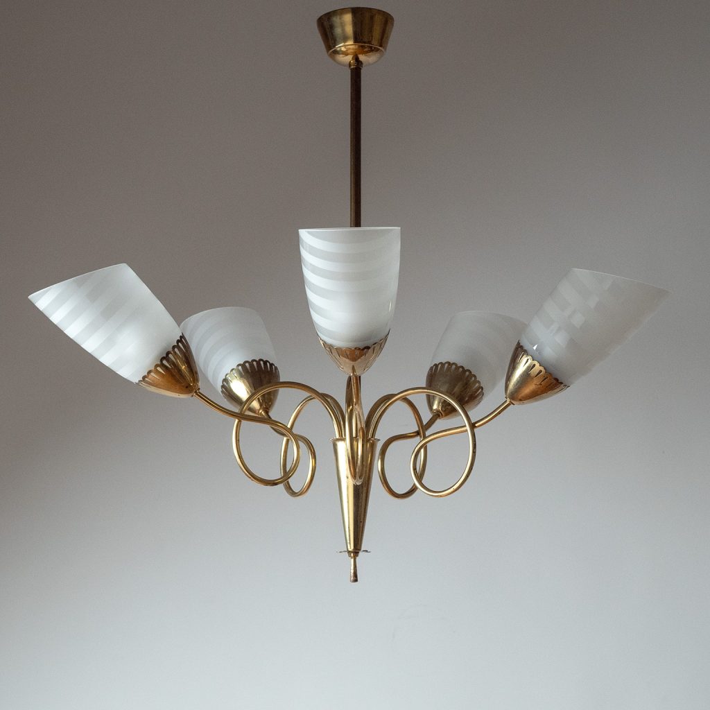German Brass And Glass Chandelier, 1950s