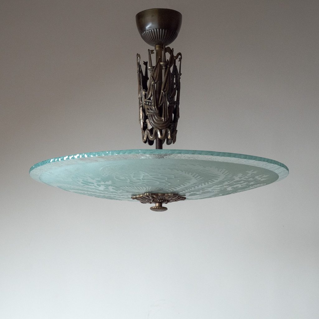 Swedish Art Deco Glass And Brass Ceiling Light, 1930s