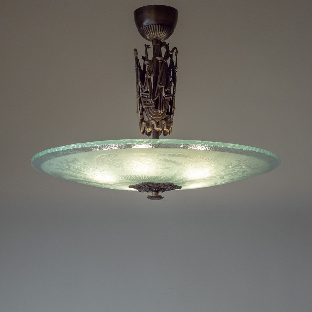 Swedish Art Deco Glass And Brass Ceiling Light, 1930s