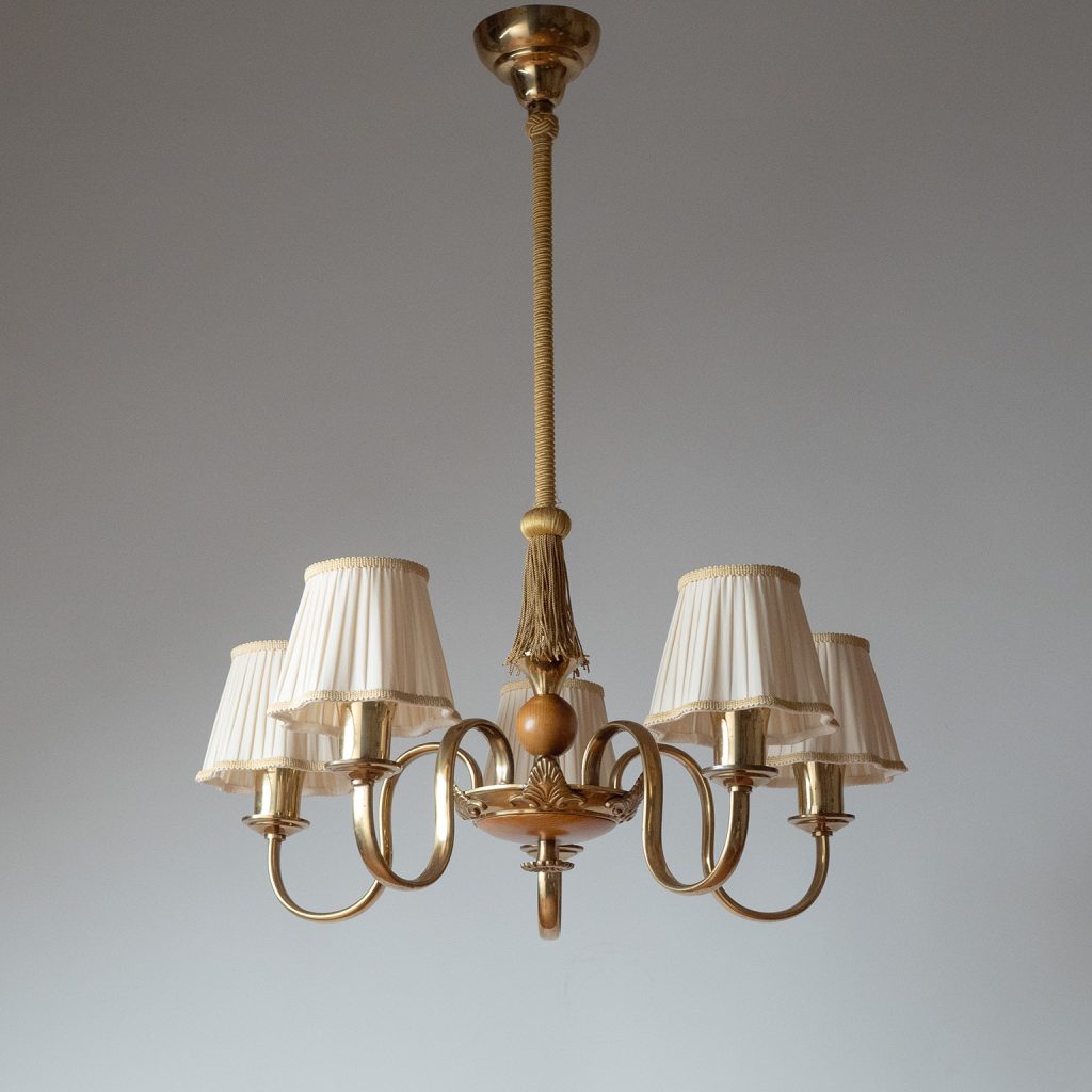 Swedish Brass And Wood Chandelier, circa 1940
