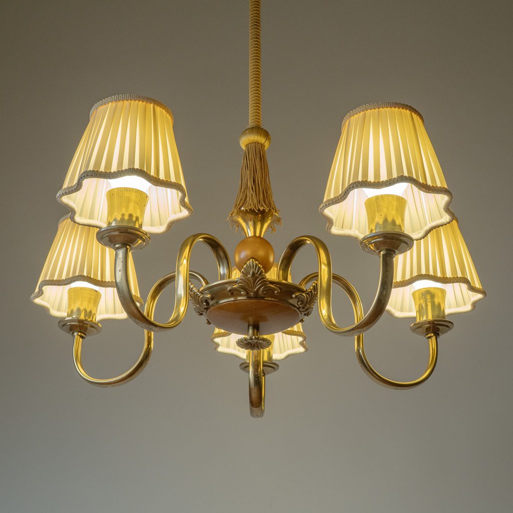 Swedish Brass And Wood Chandelier, circa 1940