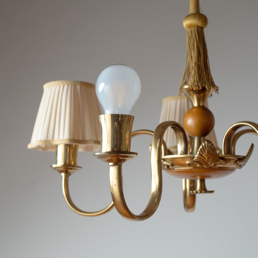Swedish Brass And Wood Chandelier, circa 1940