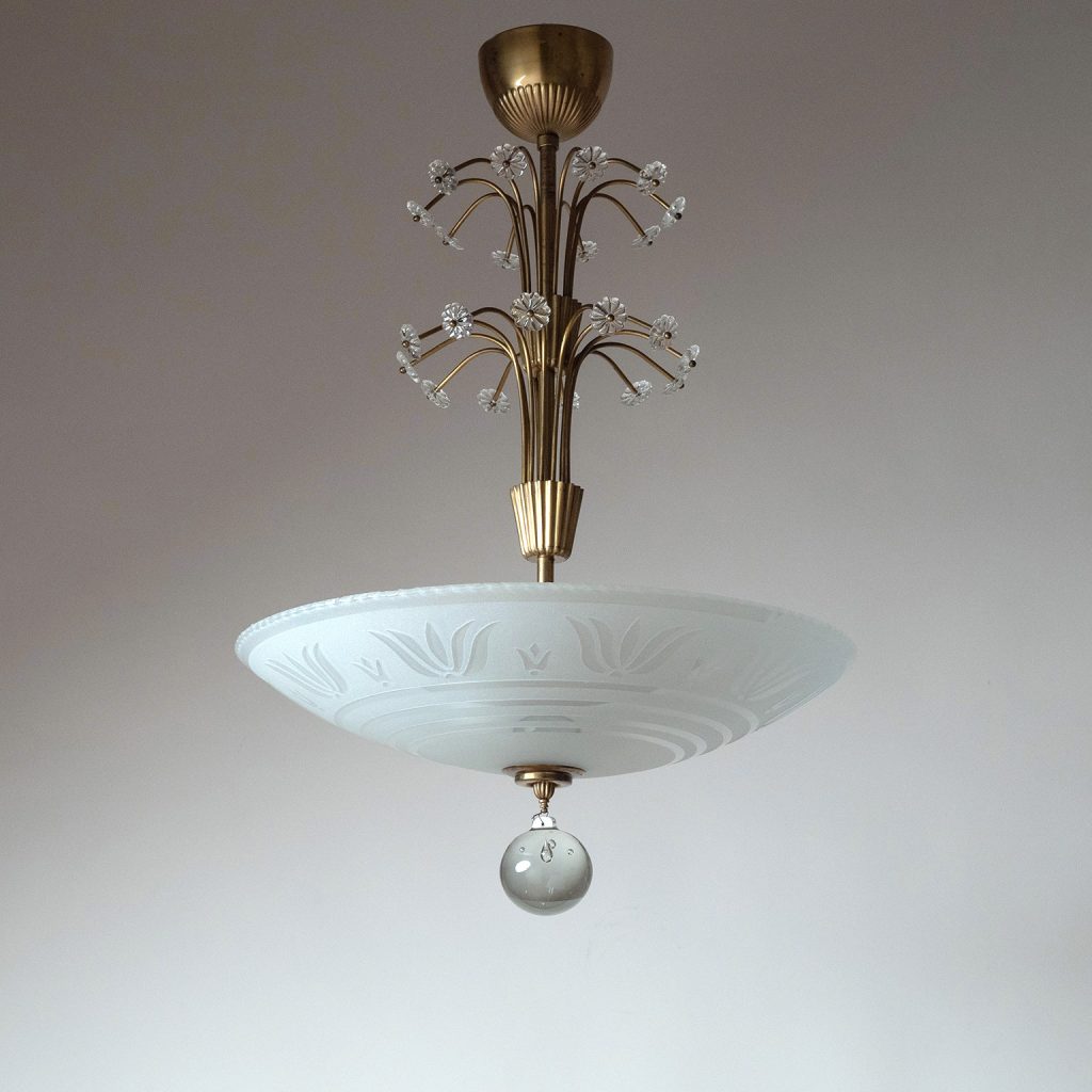 Swedish Glass And Brass Chandelier, 1940s