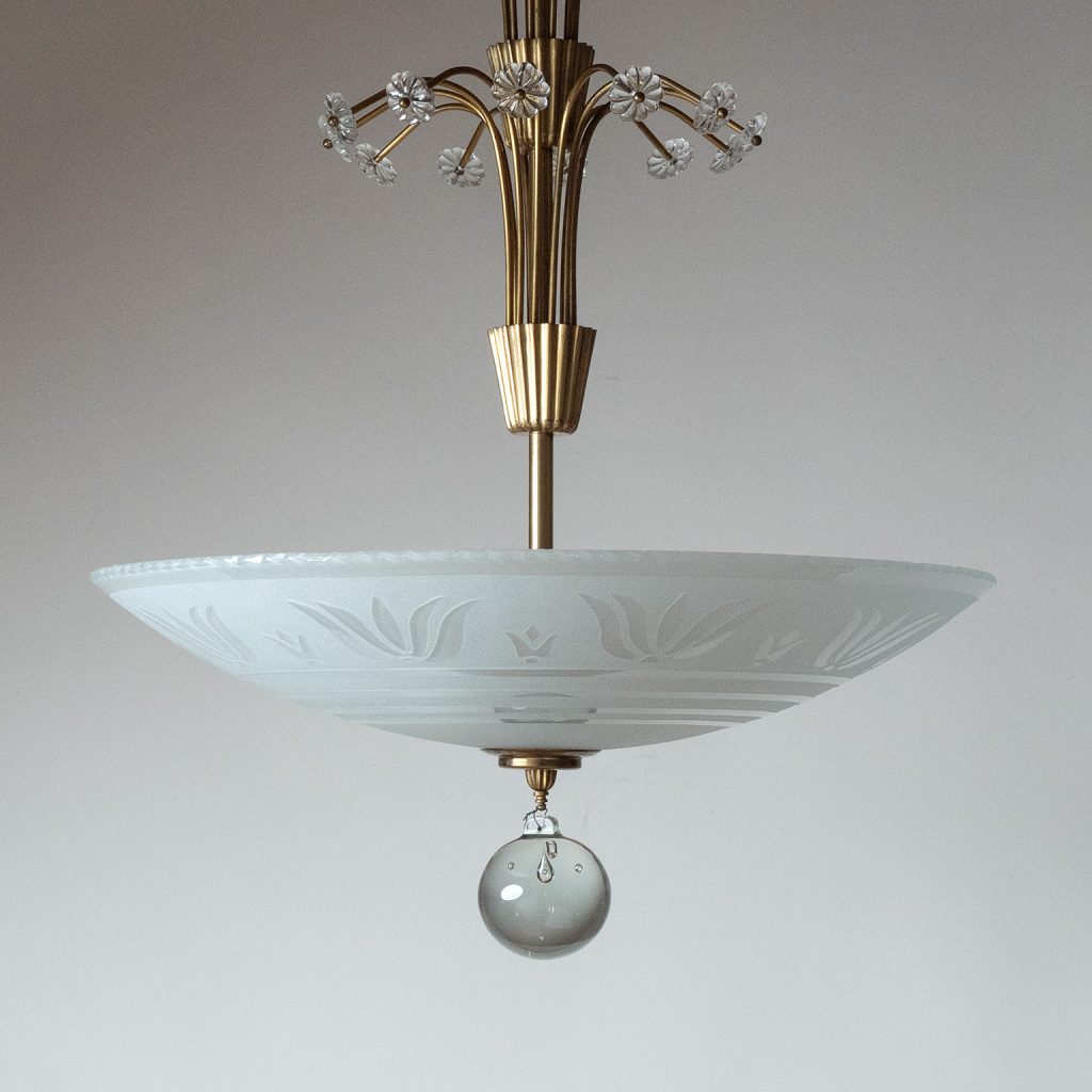 Swedish Glass And Brass Chandelier, 1940s