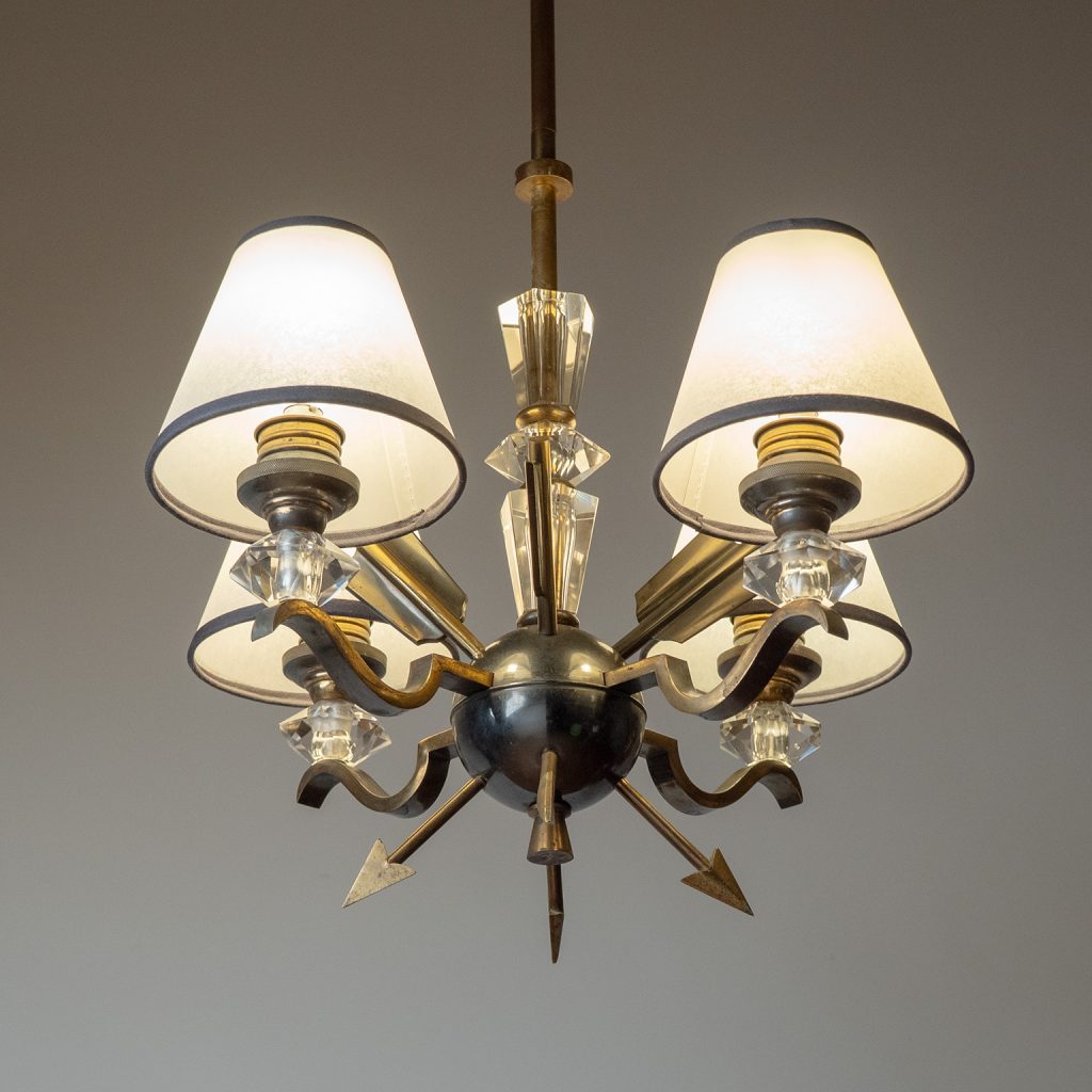 French Brass And Glass Chandelier, 1940s