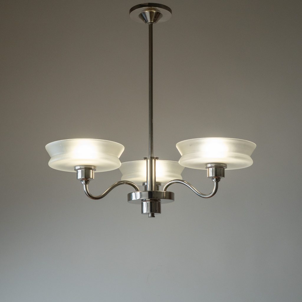 German Nickel And Glass Chandelier, 1930s