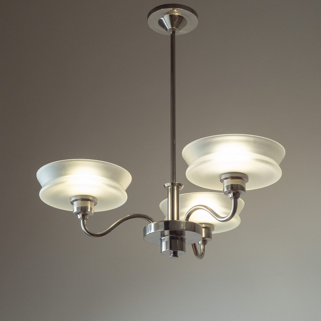 German Nickel And Glass Chandelier, 1930s