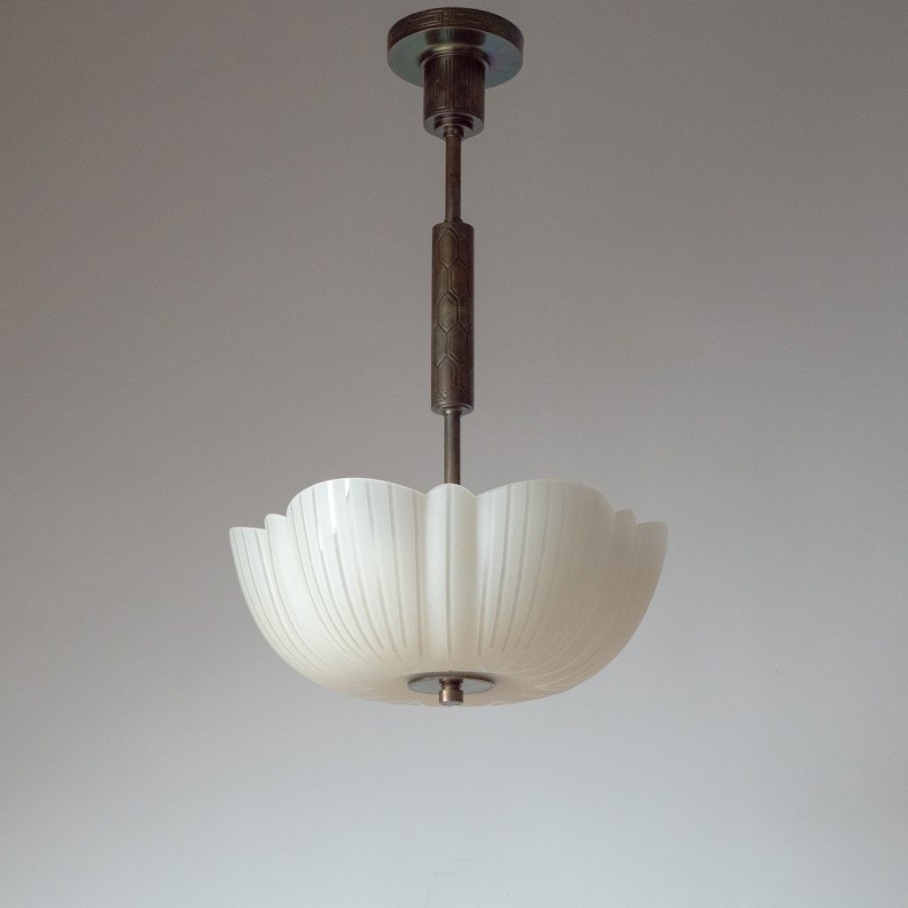 Swedish Art Deco Glass And Brass Chandelier, 1930s