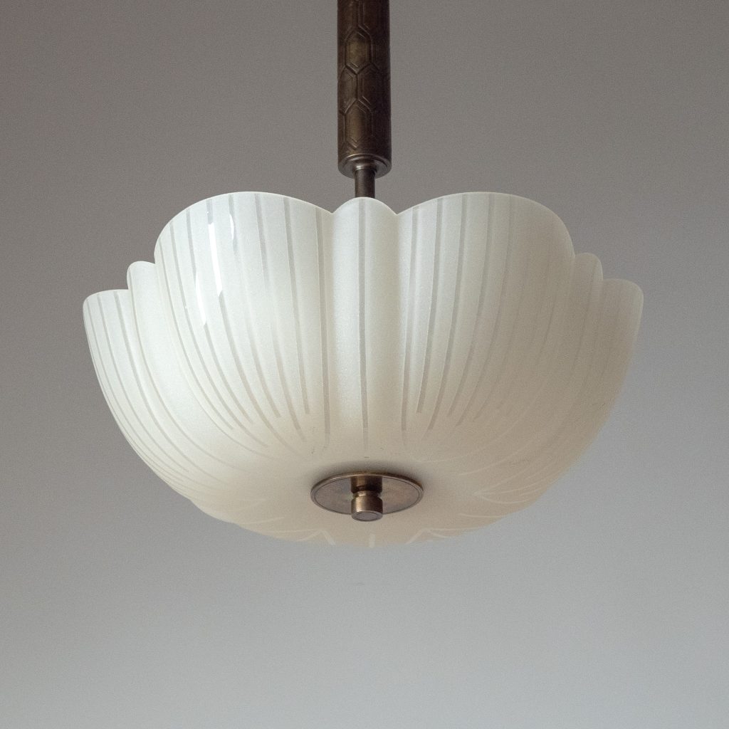 Swedish Art Deco Glass And Brass Chandelier, 1930s