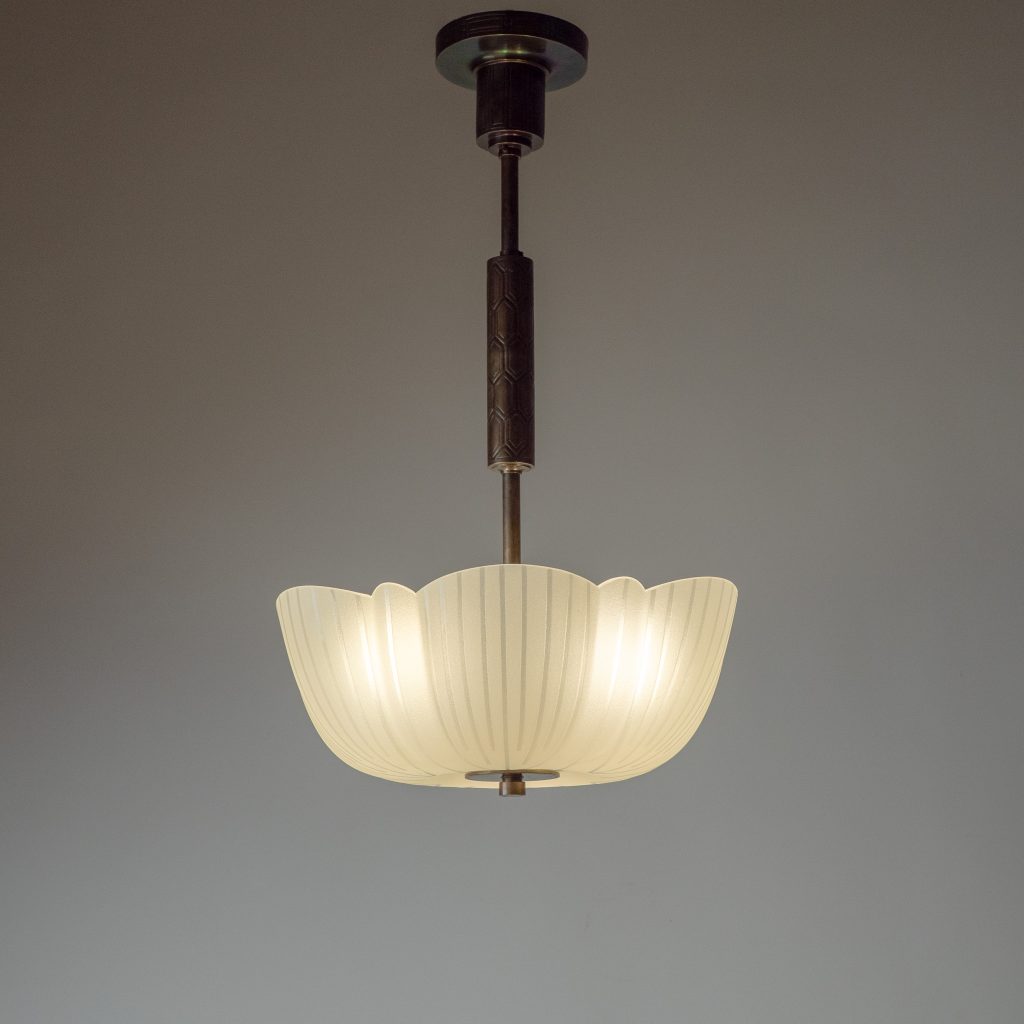 Swedish Art Deco Glass And Brass Chandelier, 1930s