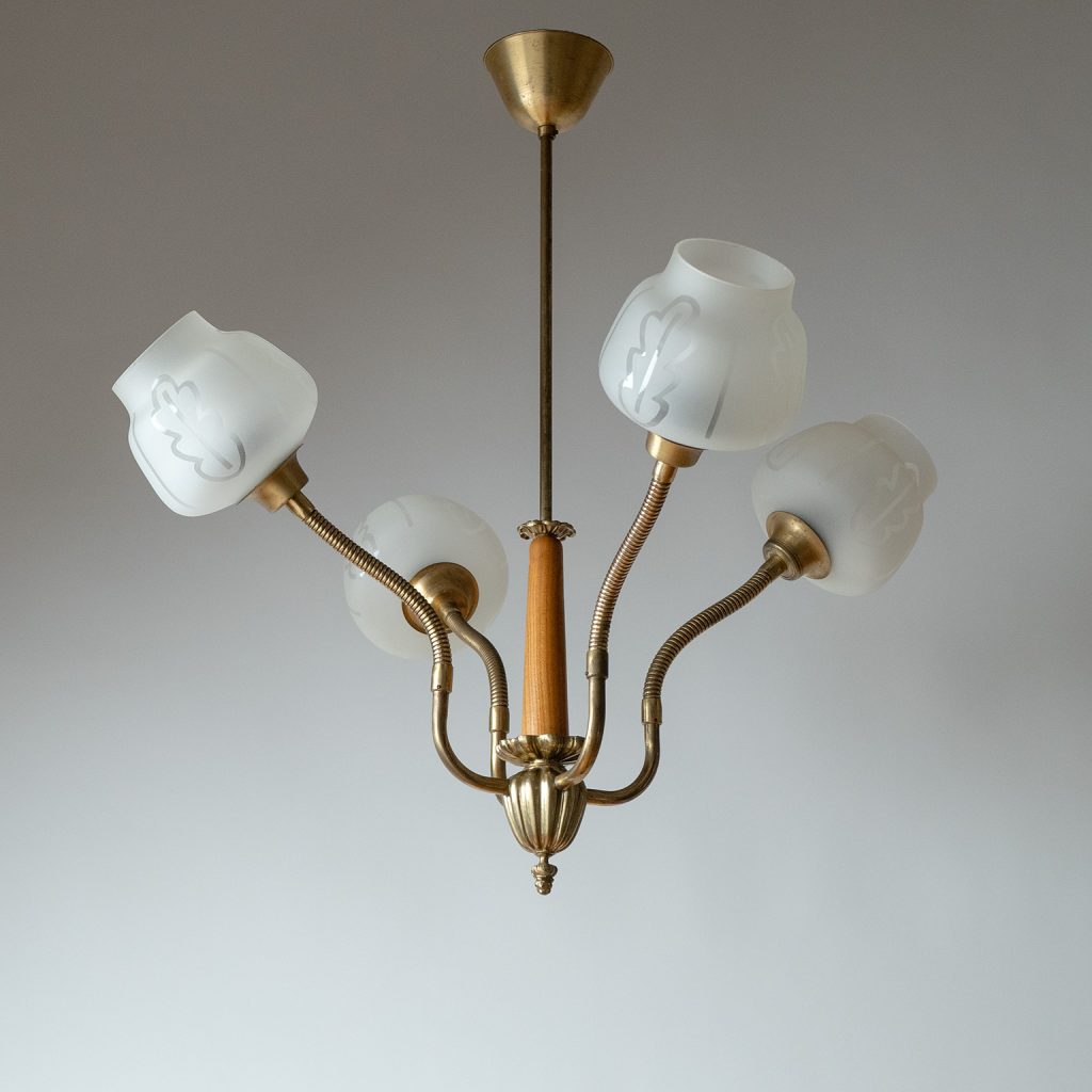 Swedish Brass And Glass Chandelier, 1940s