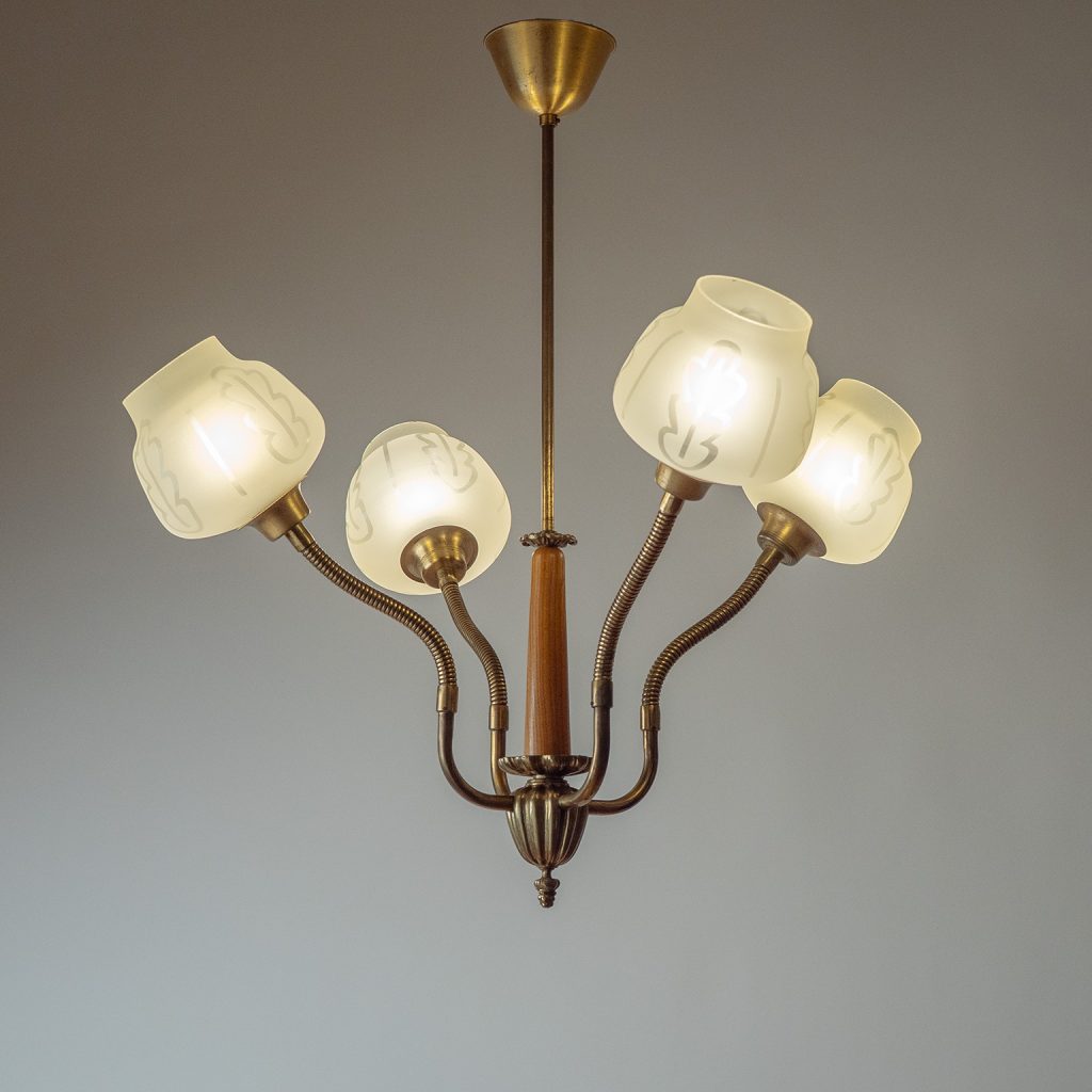 Swedish Brass And Glass Chandelier, 1940s