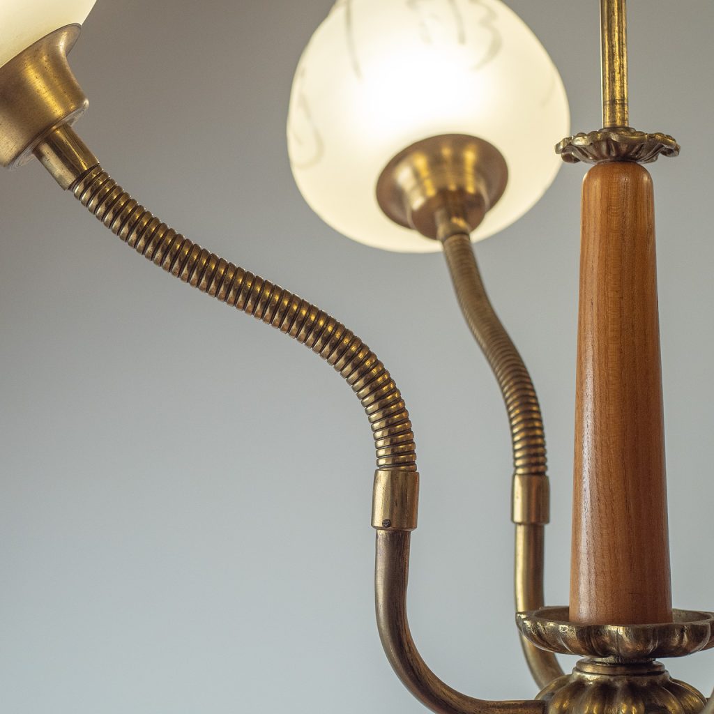 Swedish Brass And Glass Chandelier, 1940s