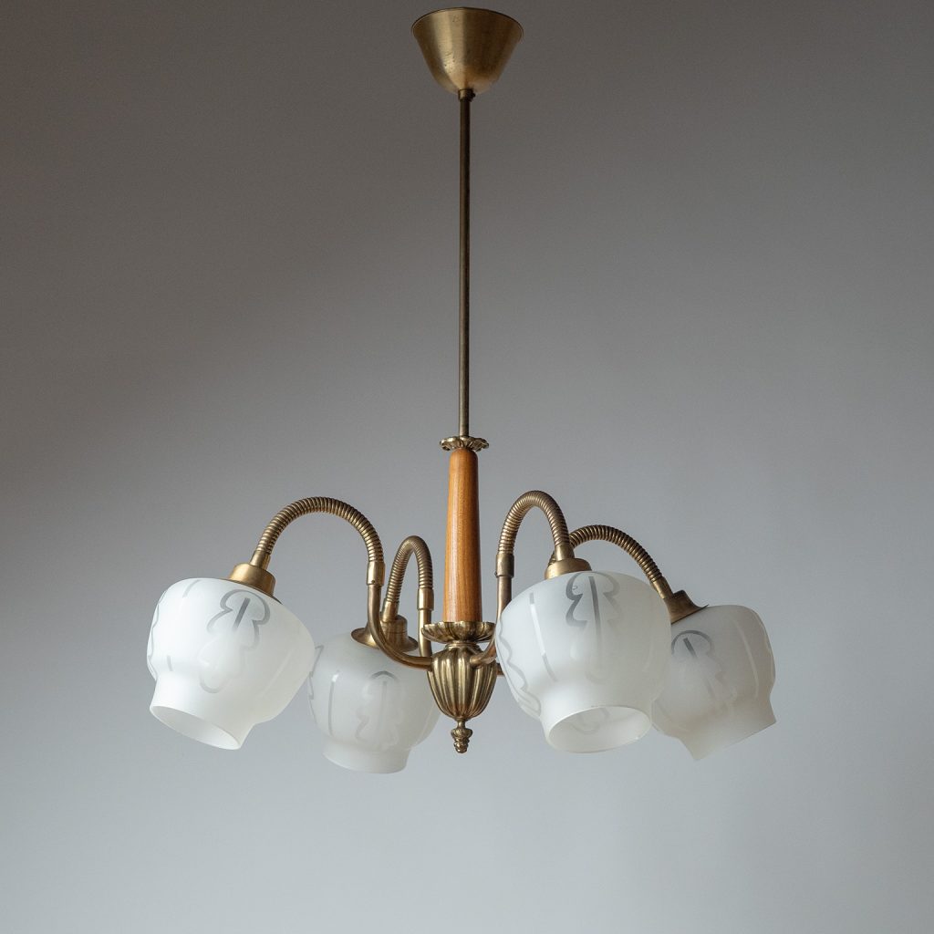 Swedish Brass And Glass Chandelier, 1940s