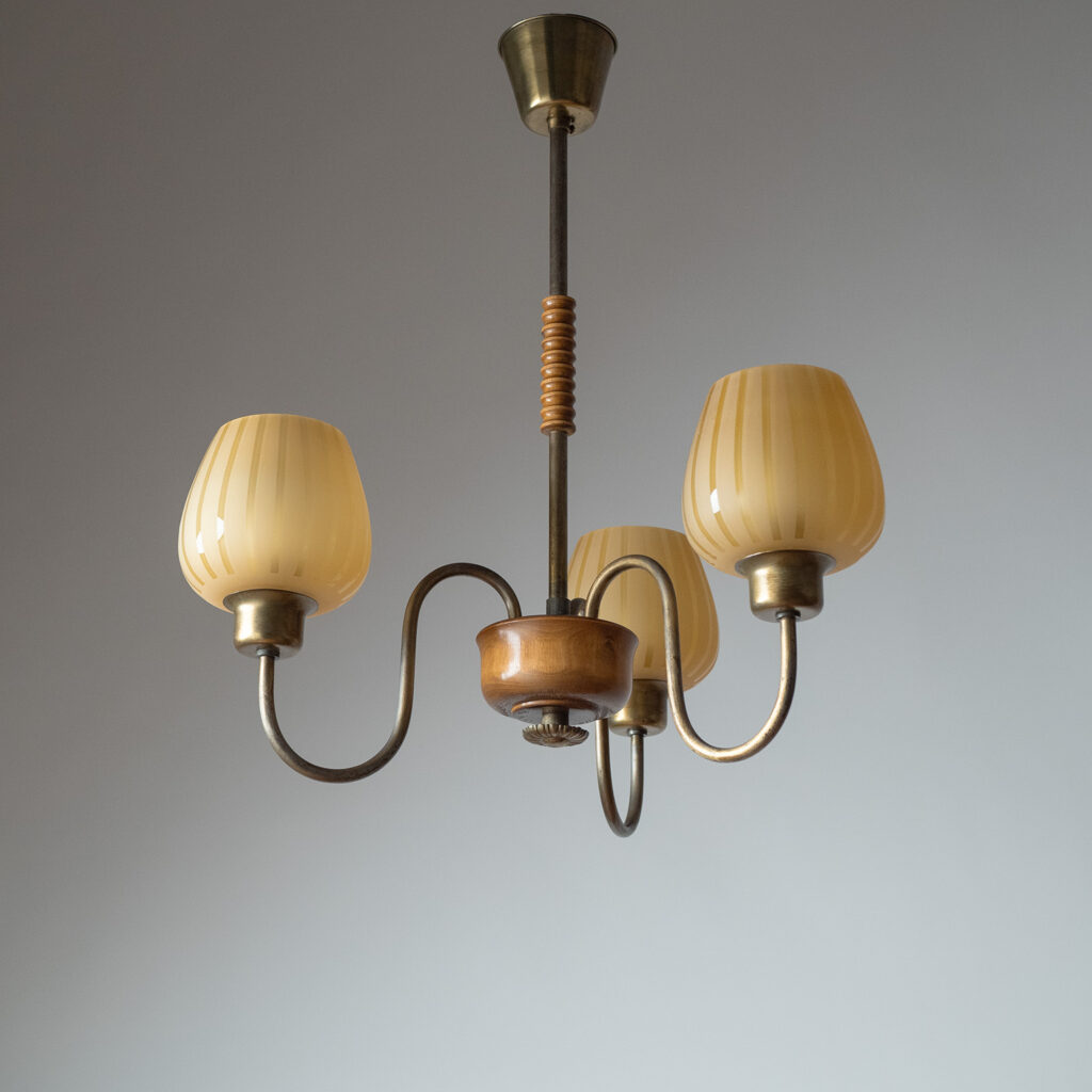 Swedish Brass, Wood And Amber Glass Chandelier, 1940s