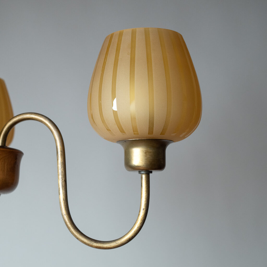 Swedish Brass, Wood And Amber Glass Chandelier, 1940s