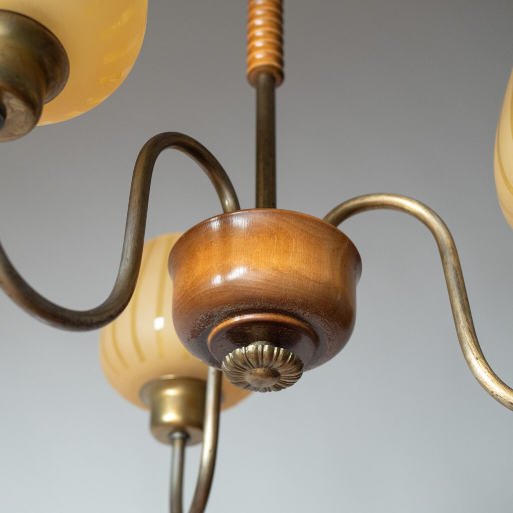 Swedish Brass, Wood And Amber Glass Chandelier, 1940s