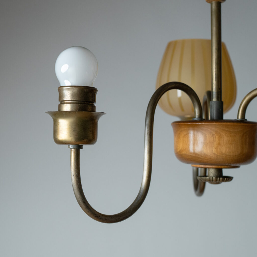 Swedish Brass, Wood And Amber Glass Chandelier, 1940s