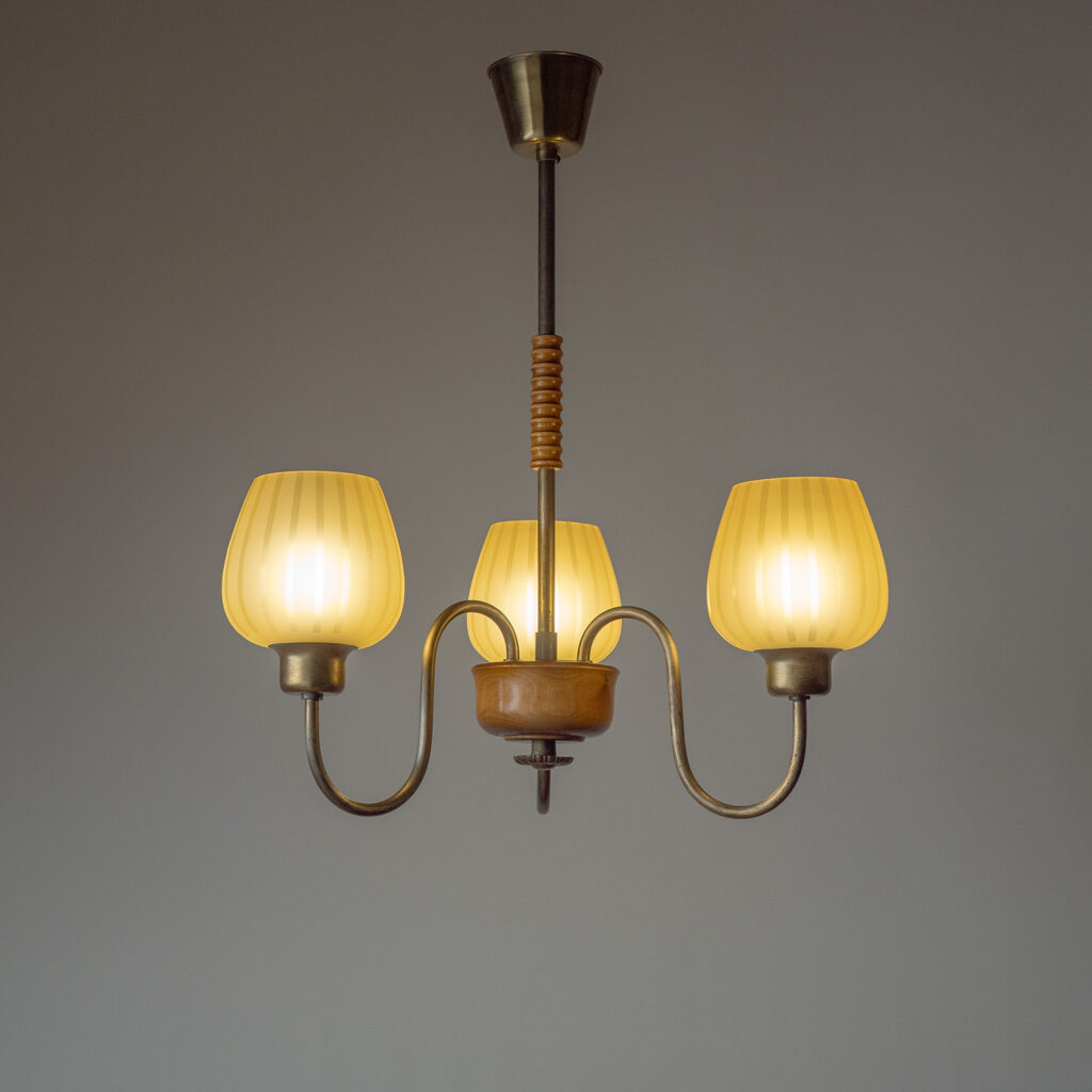 Swedish Brass, Wood And Amber Glass Chandelier, 1940s