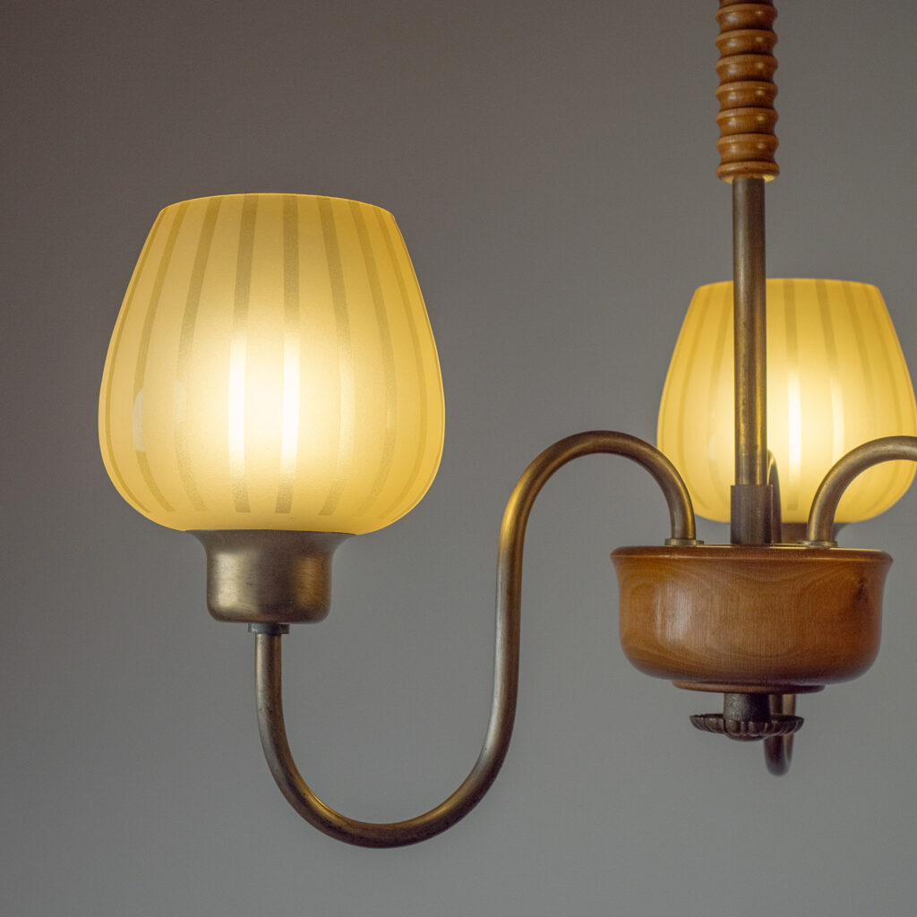 Swedish Brass, Wood And Amber Glass Chandelier, 1940s