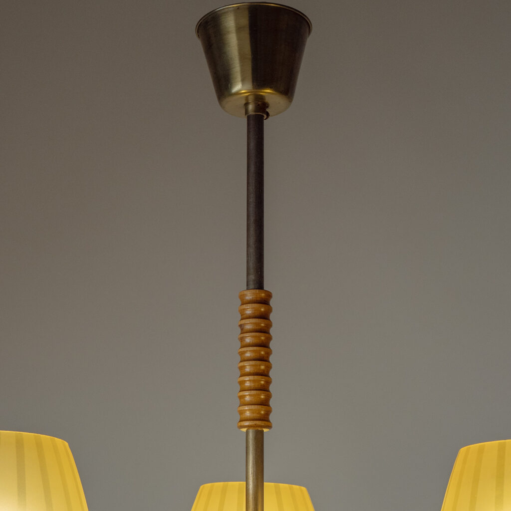 Swedish Brass, Wood And Amber Glass Chandelier, 1940s