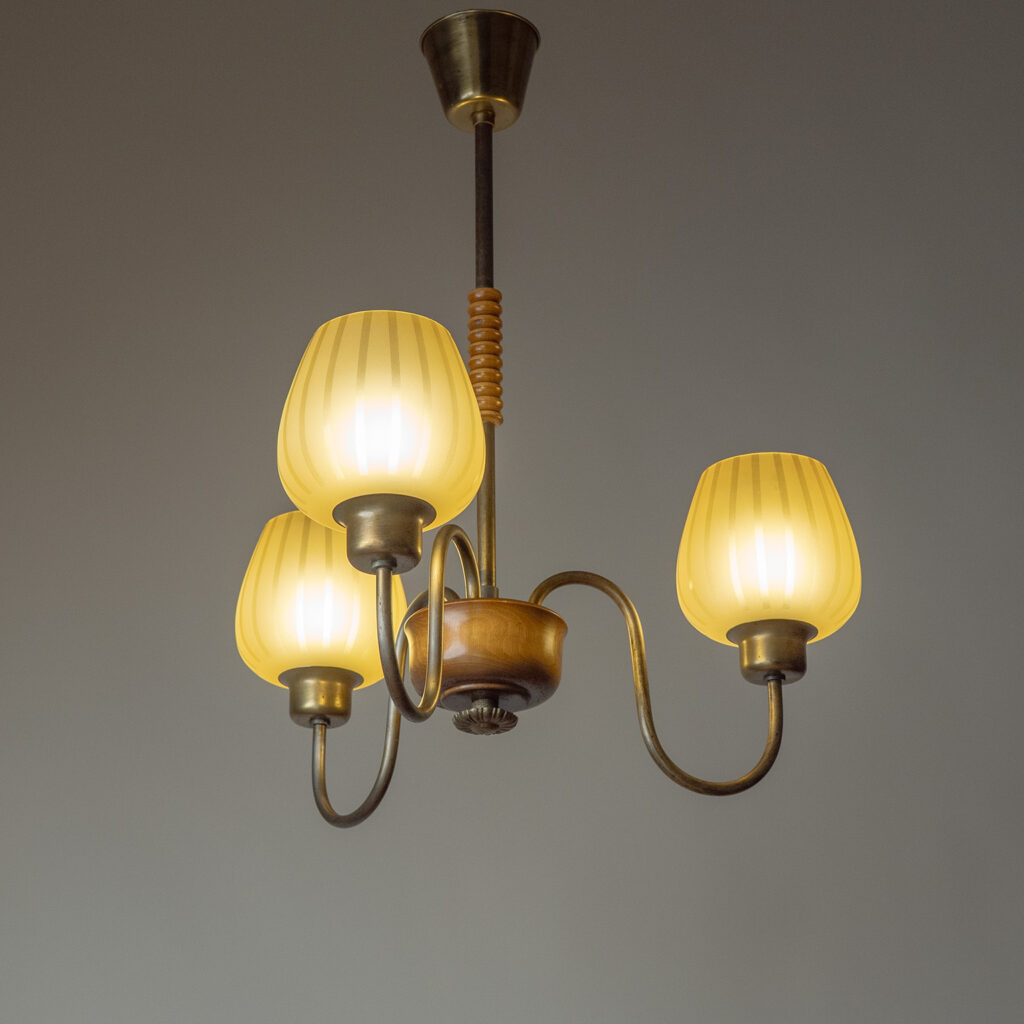 Swedish Brass, Wood And Amber Glass Chandelier, 1940s