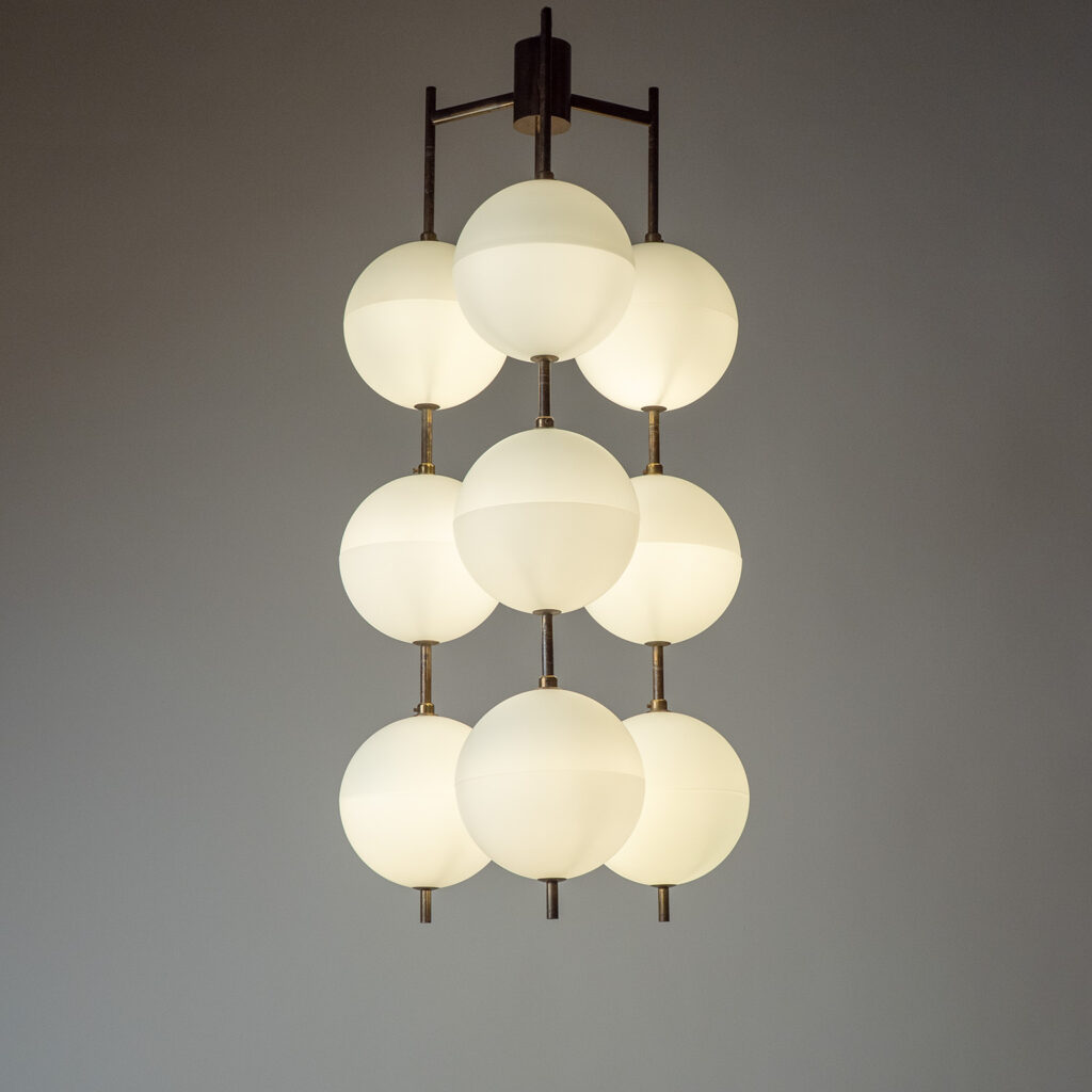 Angelo Lelii Ceiling Brass And Glass Light, circa 1958