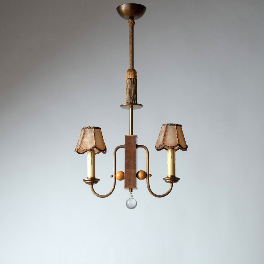 German Two-Arm Brass And Wood Pendant, 1930s