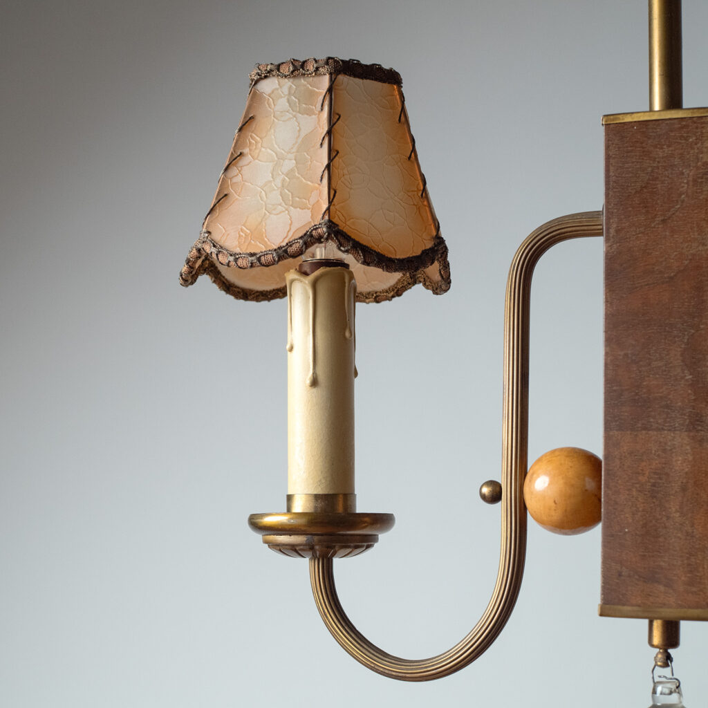 German Two-Arm Brass And Wood Pendant, 1930s