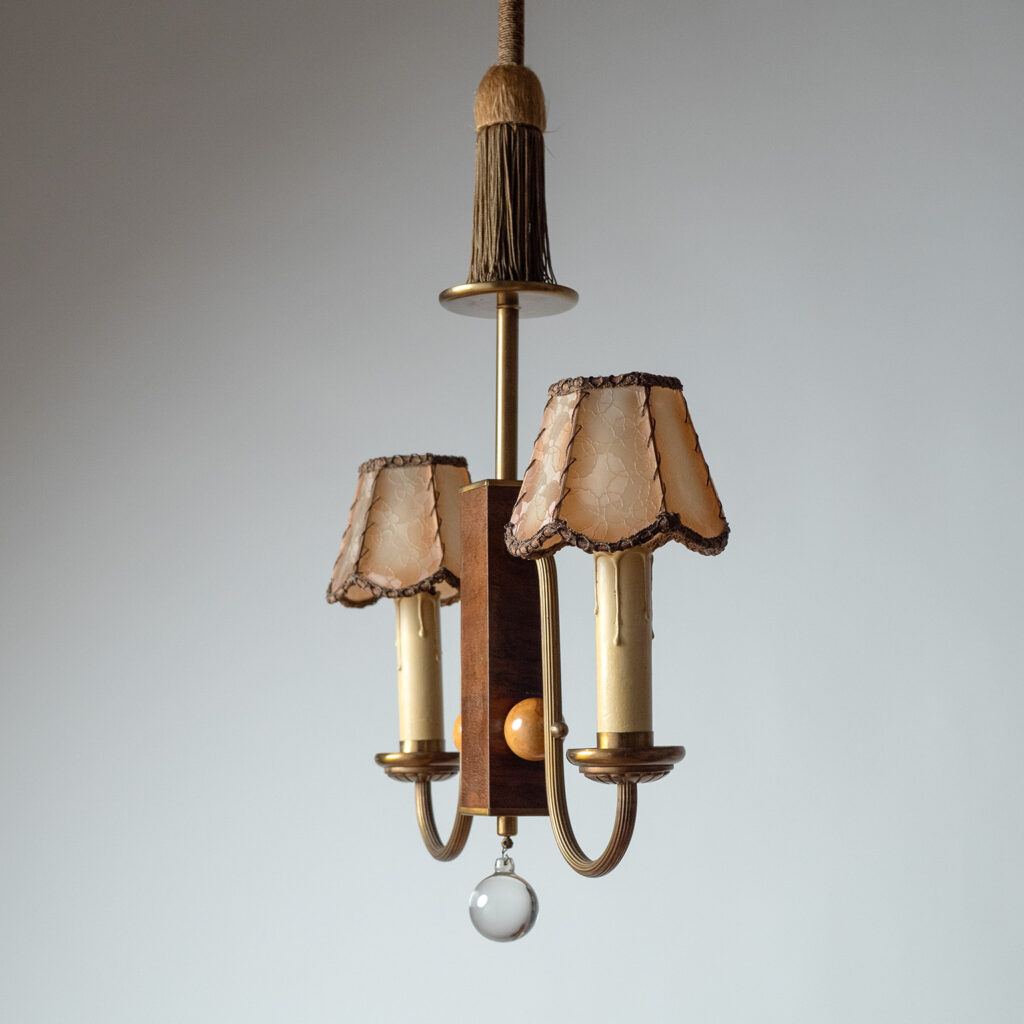 German Two-Arm Brass And Wood Pendant, 1930s