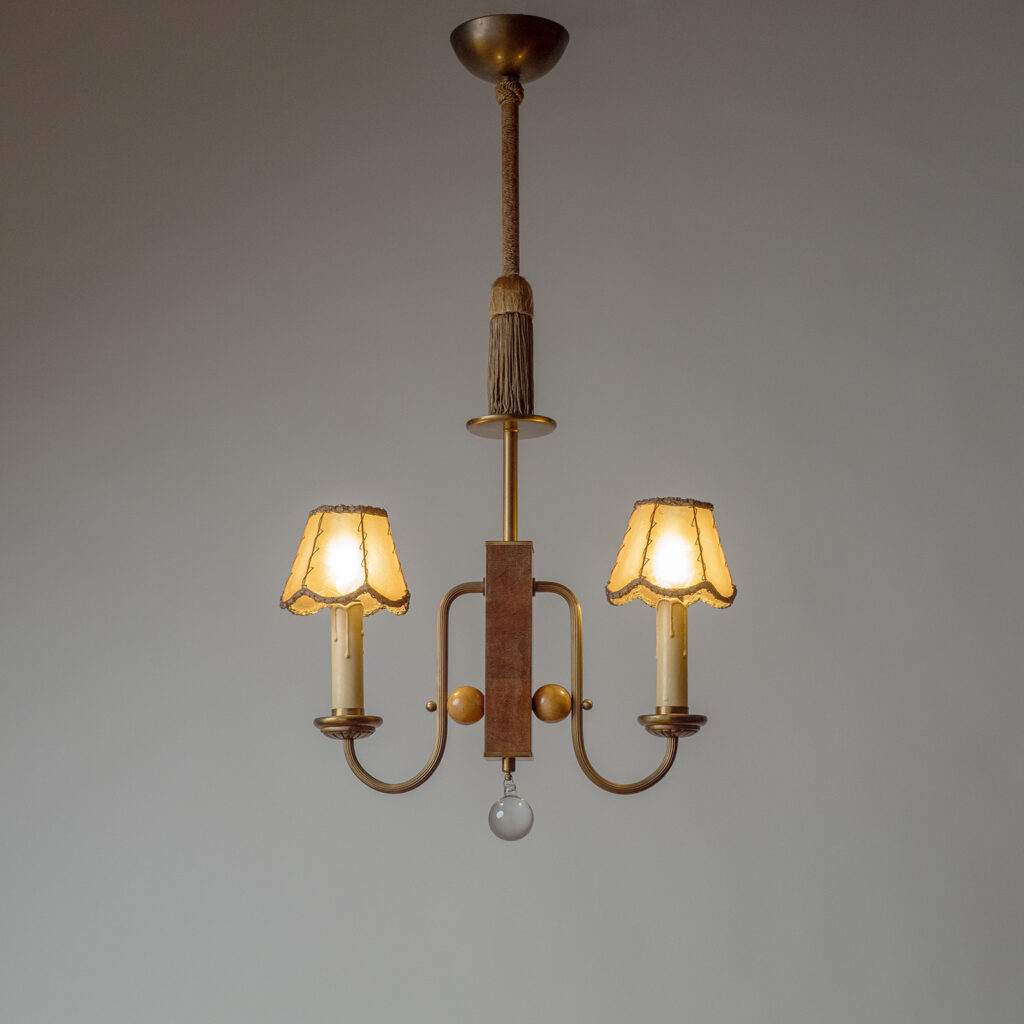 German Two-Arm Brass And Wood Pendant, 1930s