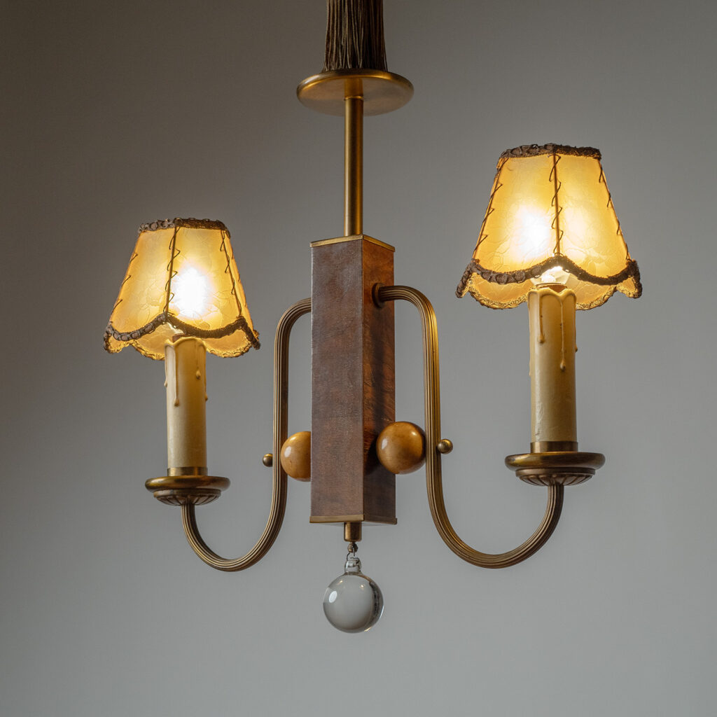 German Two-Arm Brass And Wood Pendant, 1930s