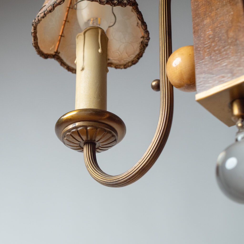 German Two-Arm Brass And Wood Pendant, 1930s