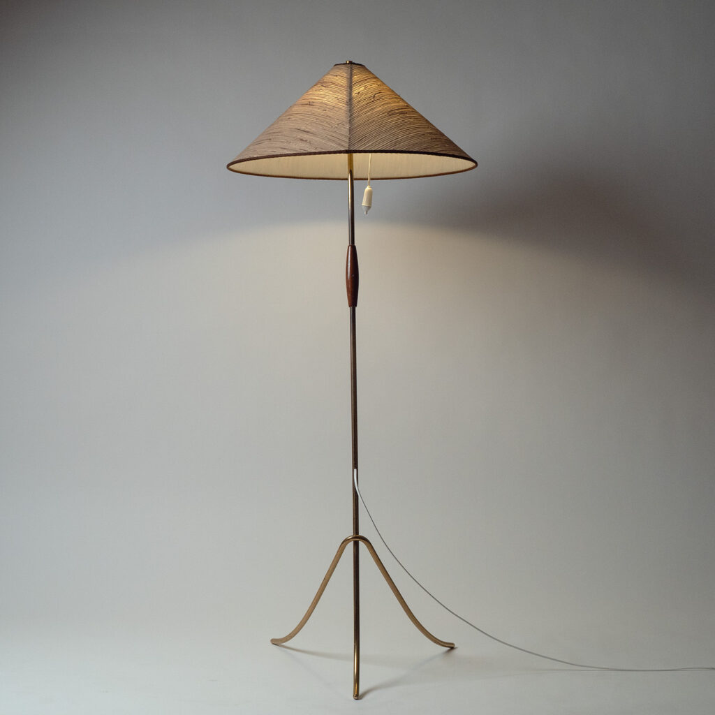 Austrian Brass Floor Lamp With Raffia Shade, 1950s