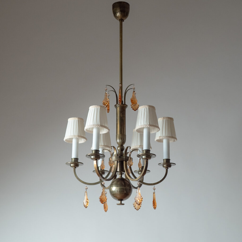 Harald Notini Brass And Glass Chandelier, Böhlmarks 1930s