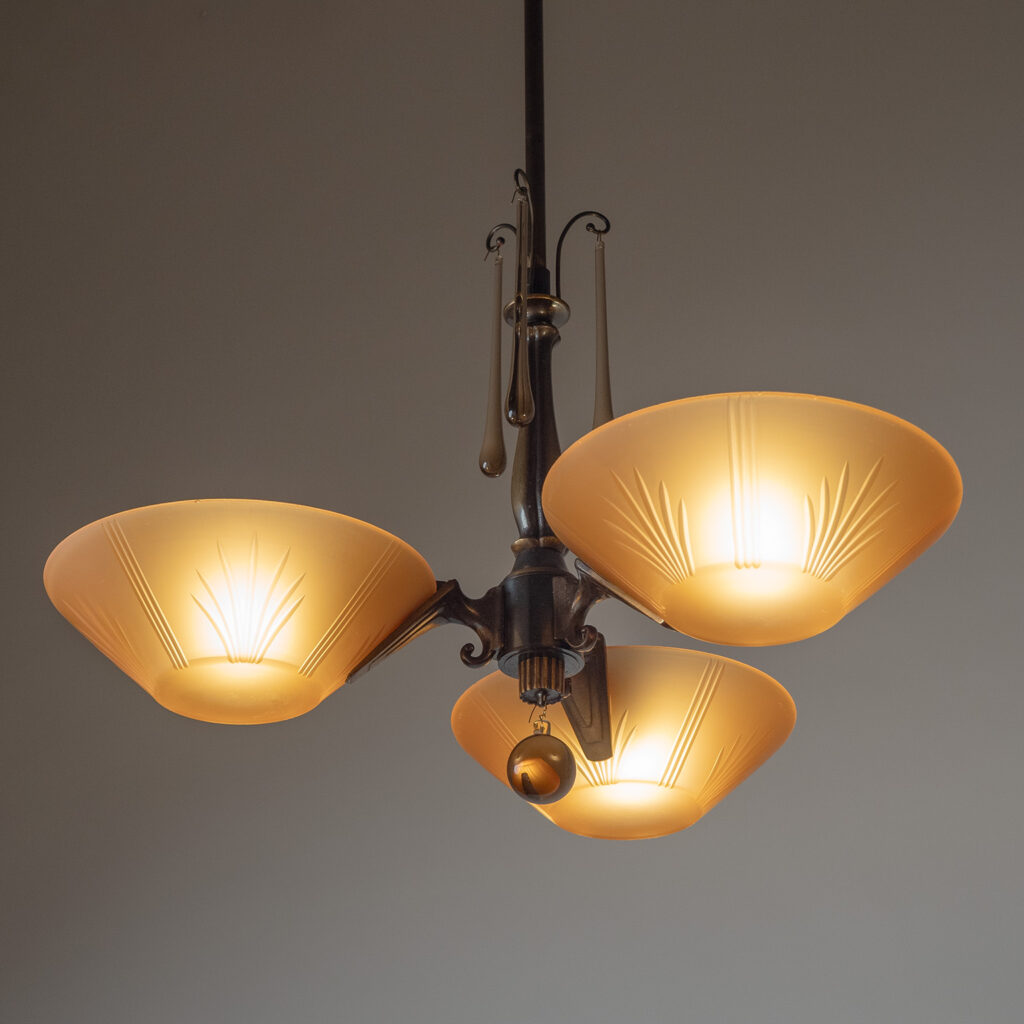 Swedish Bronze And Havana Glass Chandelier, circa 1930