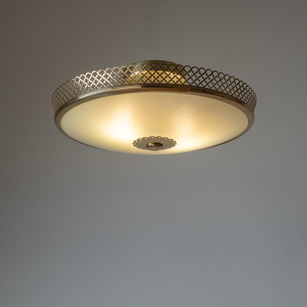 German Brass And Glass Ceiling Light, circa 1950