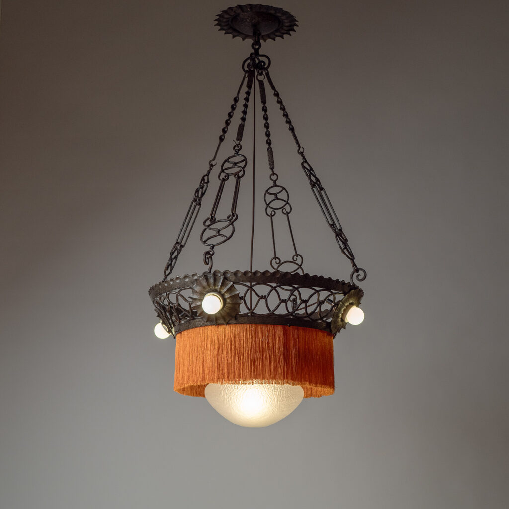 Wrought Iron And Glass Chandelier, circa 1920