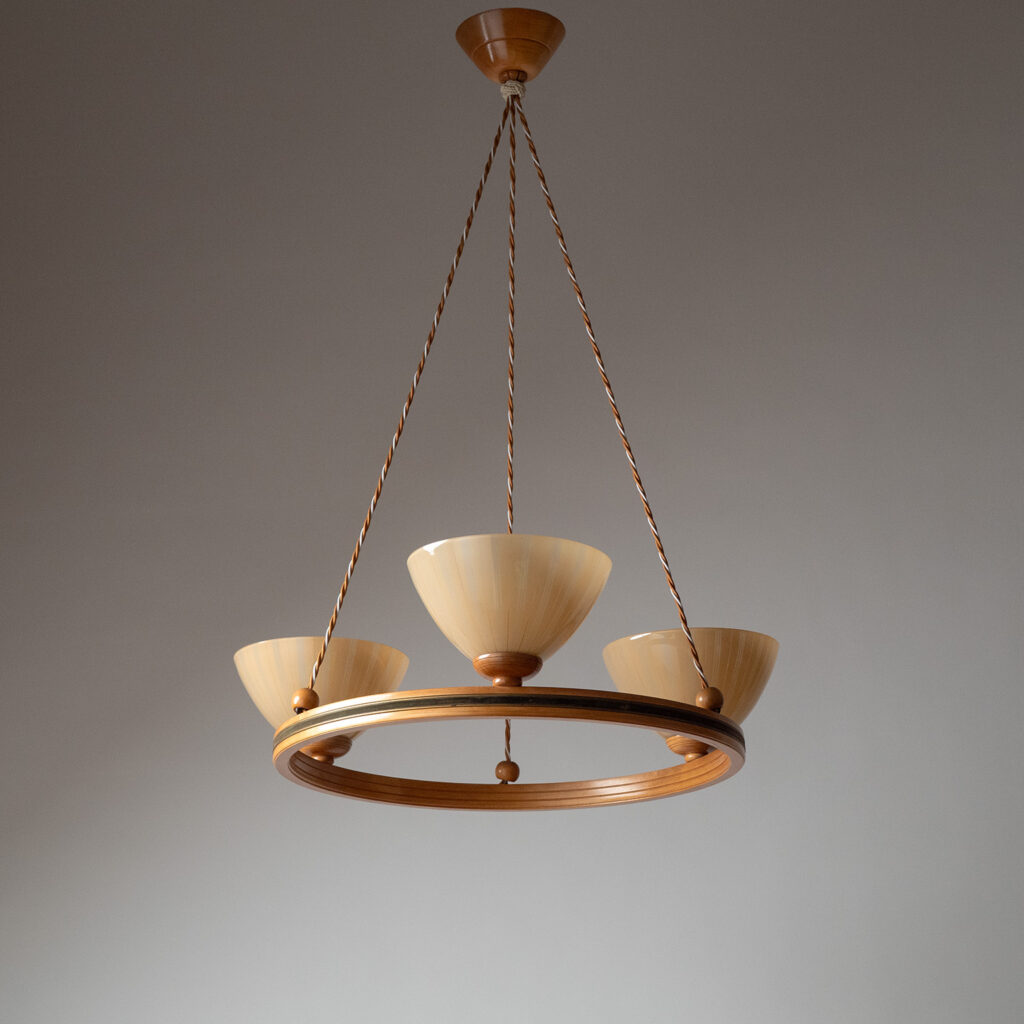 Wood And Enameled Glass Suspension Chandelier, 1950s