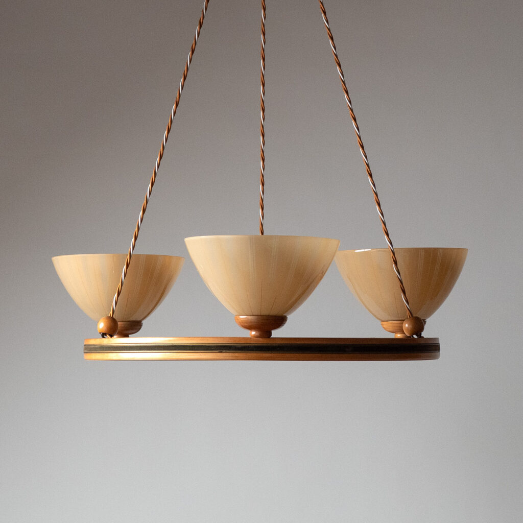 Wood And Enameled Glass Suspension Chandelier, 1950s