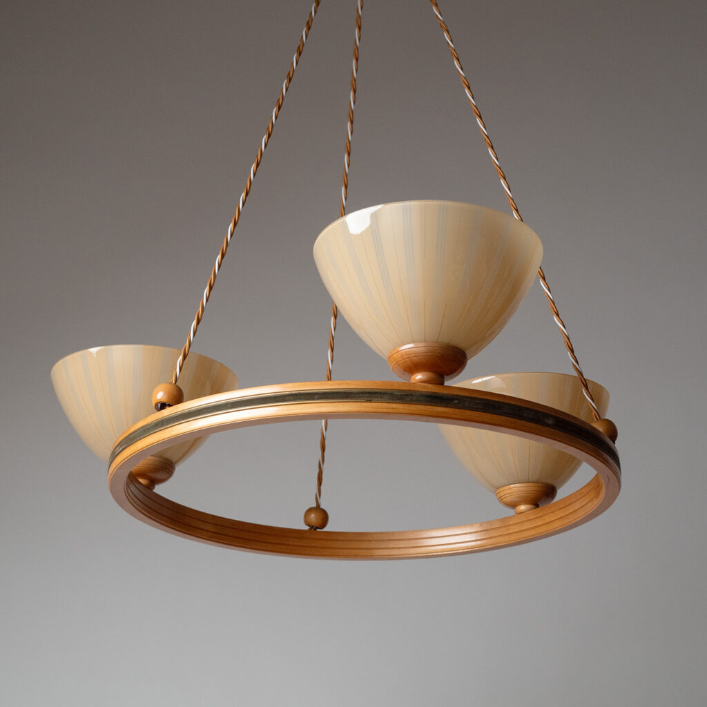 Wood And Enameled Glass Suspension Chandelier, 1950s