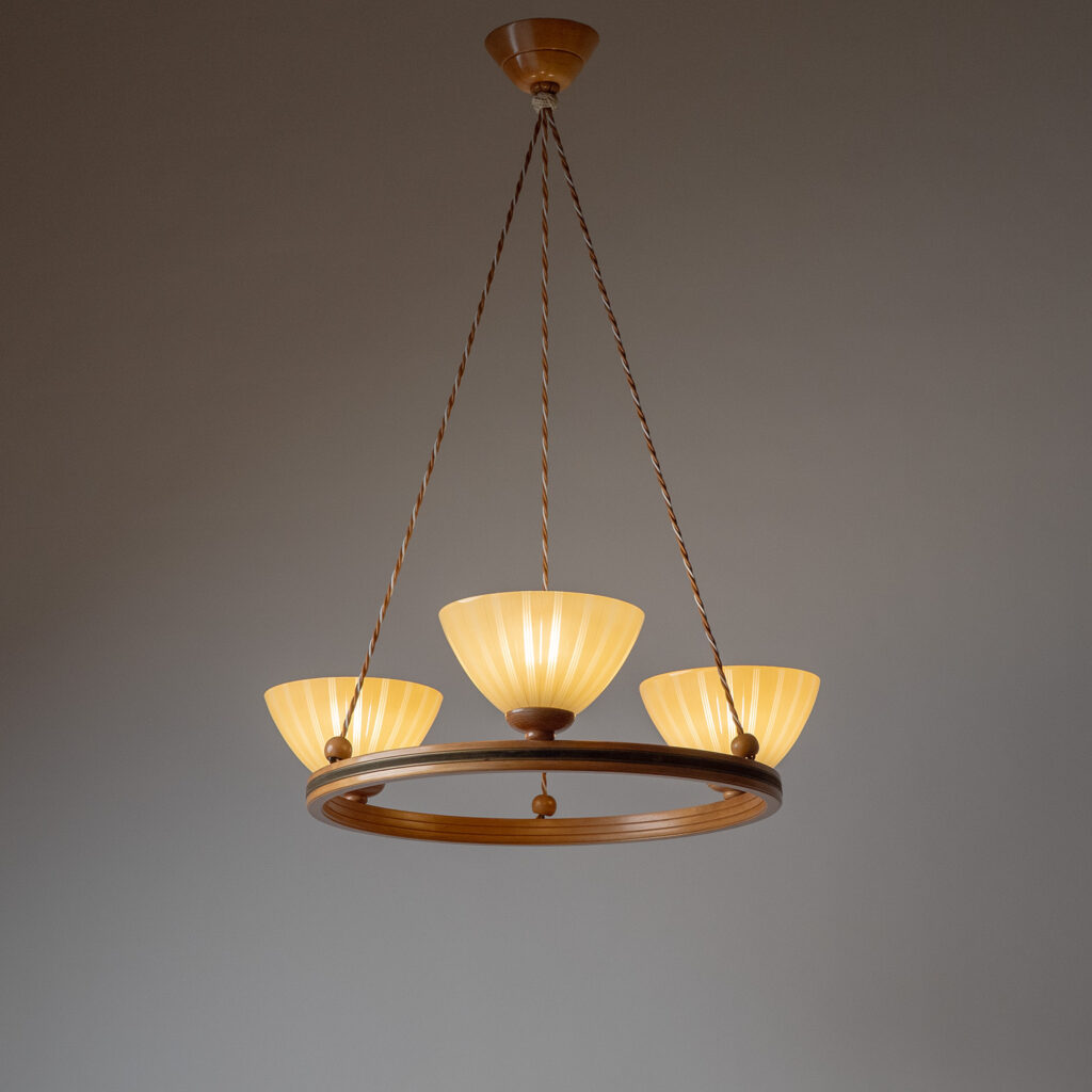 Wood And Enameled Glass Suspension Chandelier, 1950s