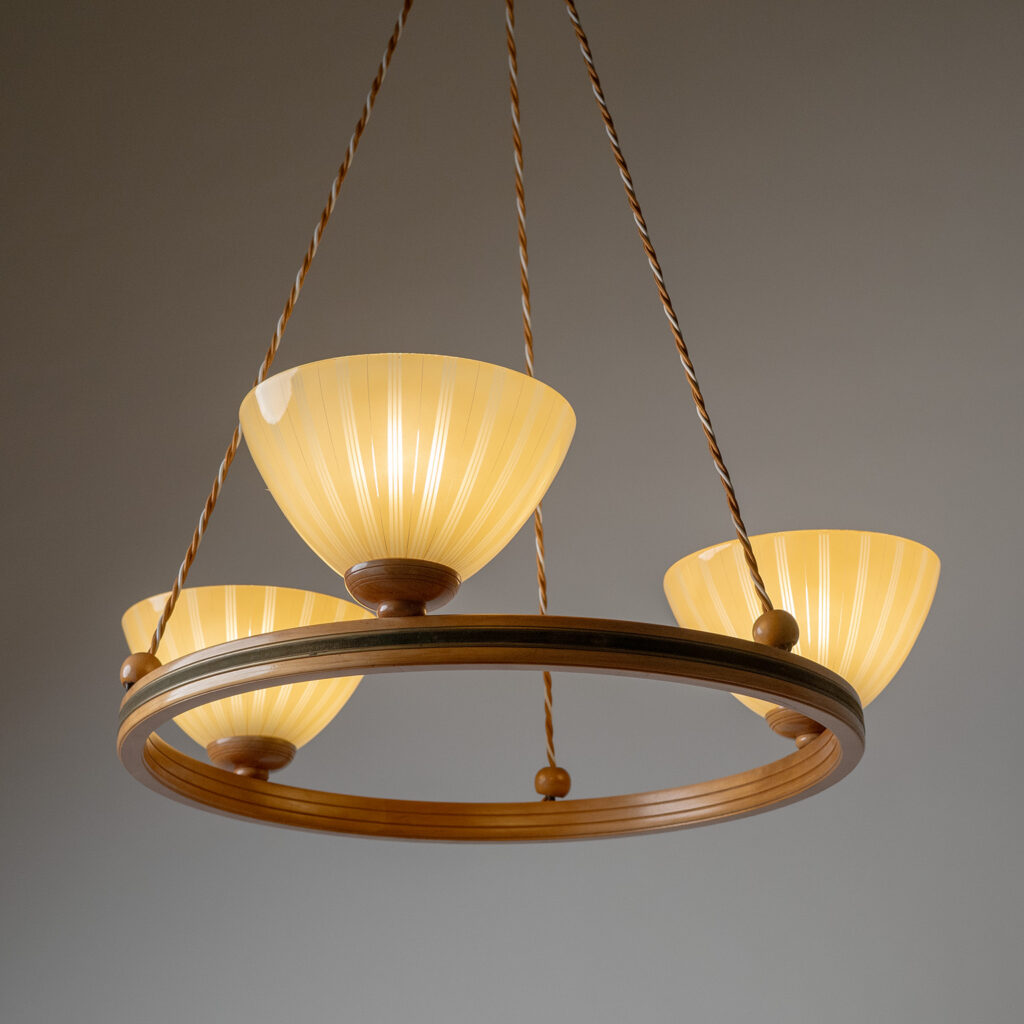 Wood And Enameled Glass Suspension Chandelier, 1950s