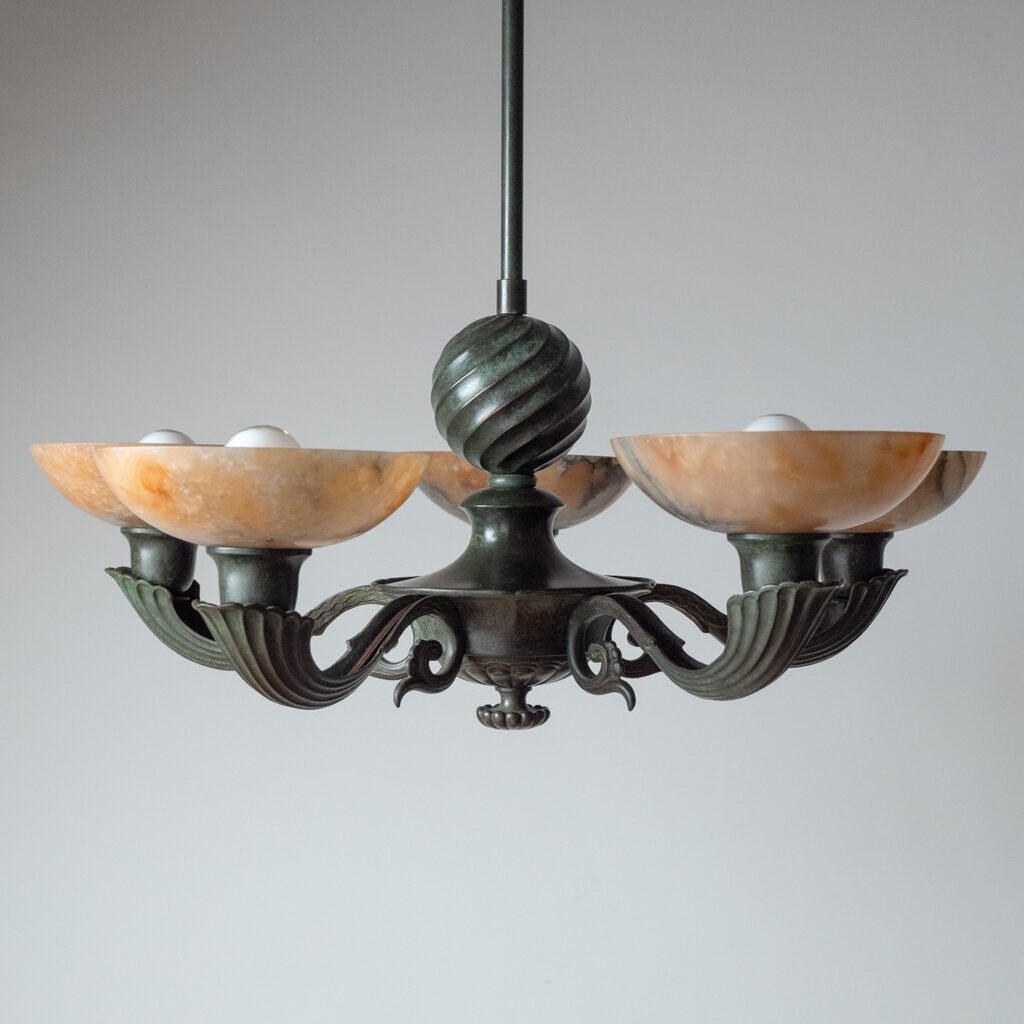 Harald Notini Böhlmarks Patinated Bronze And Alabaster Chandelier, 1937