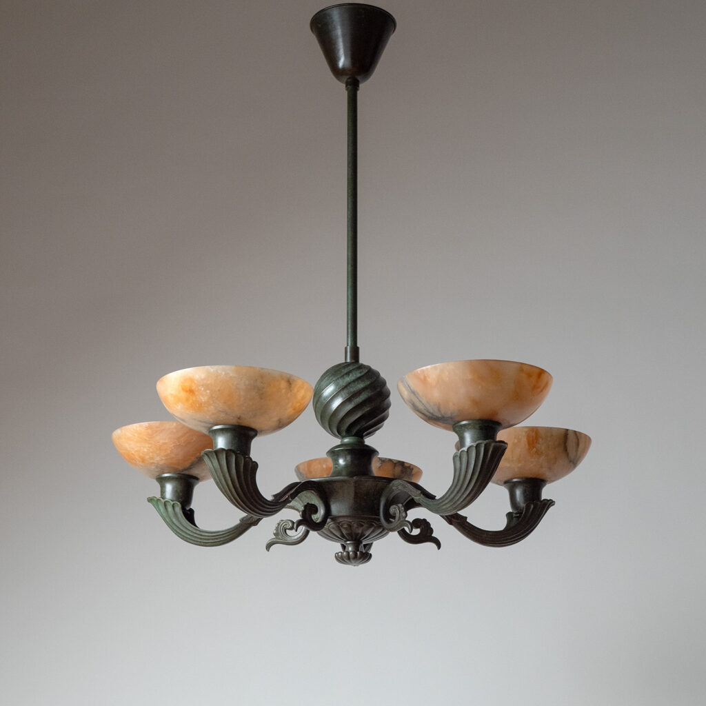 Harald Notini Böhlmarks Patinated Bronze And Alabaster Chandelier, 1937