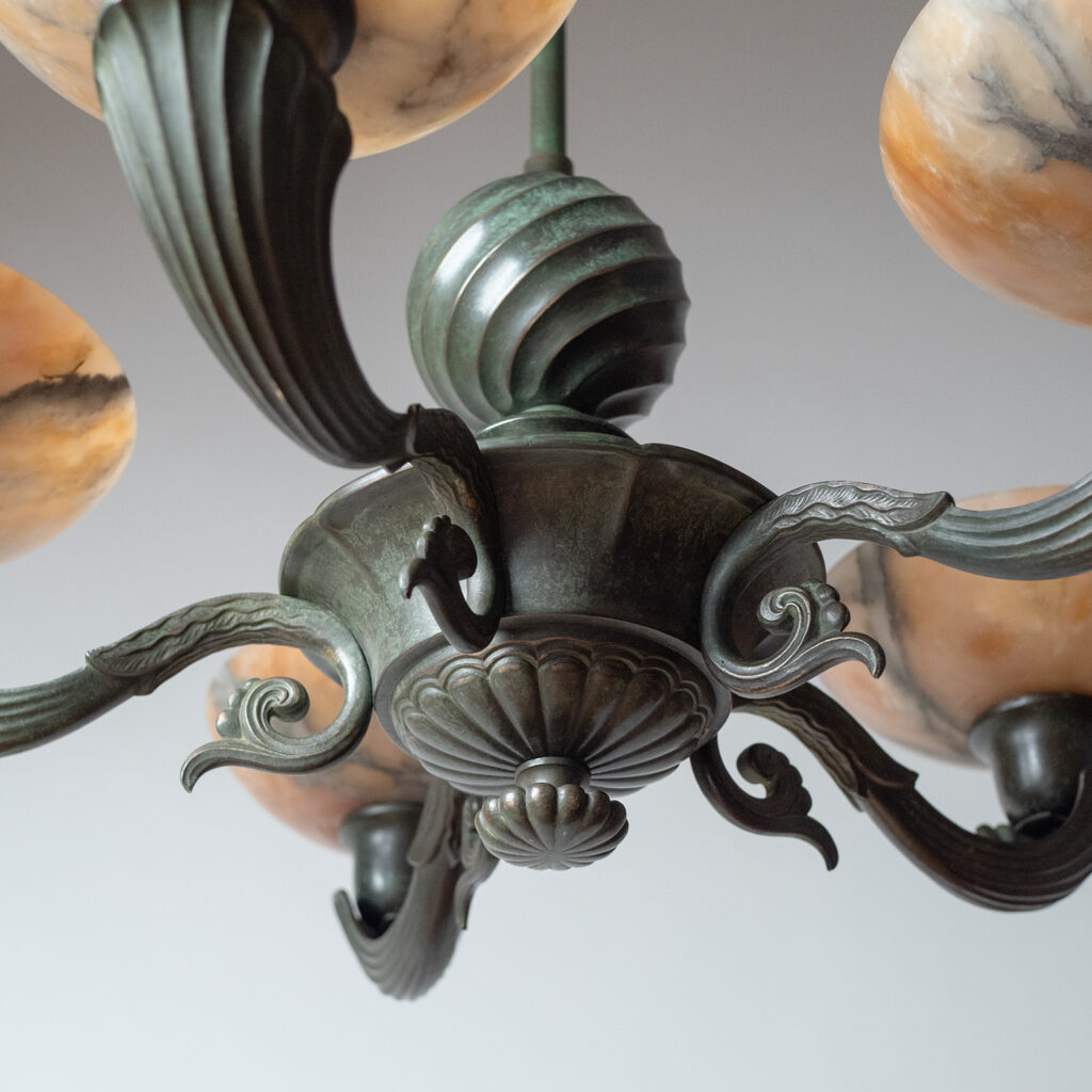 Harald Notini Böhlmarks Patinated Bronze And Alabaster Chandelier, 1937