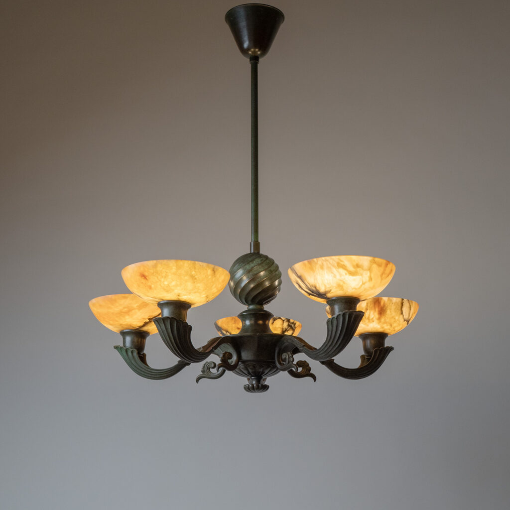 Harald Notini Böhlmarks Patinated Bronze And Alabaster Chandelier, 1937