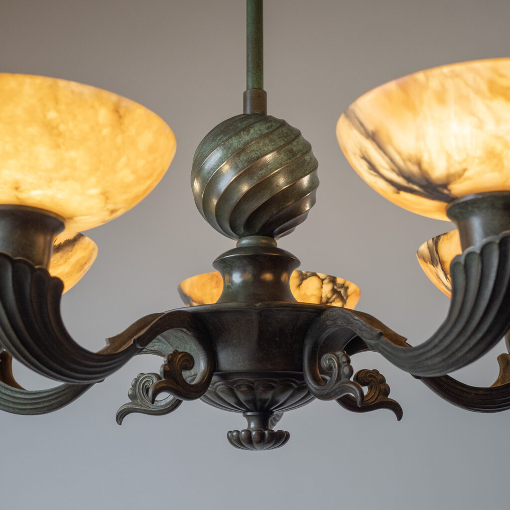 Harald Notini Böhlmarks Patinated Bronze And Alabaster Chandelier, 1937