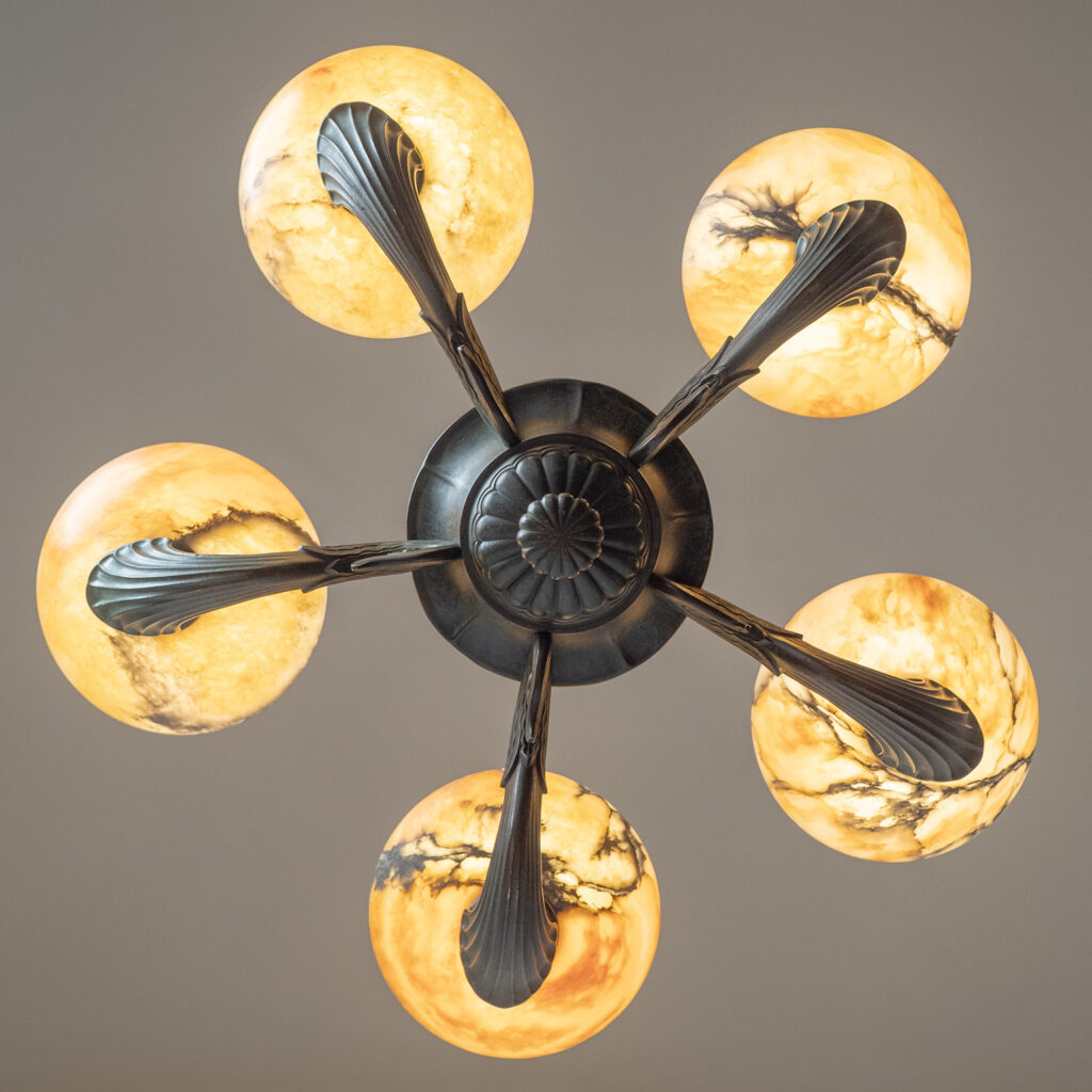 Harald Notini Böhlmarks Patinated Bronze And Alabaster Chandelier, 1937