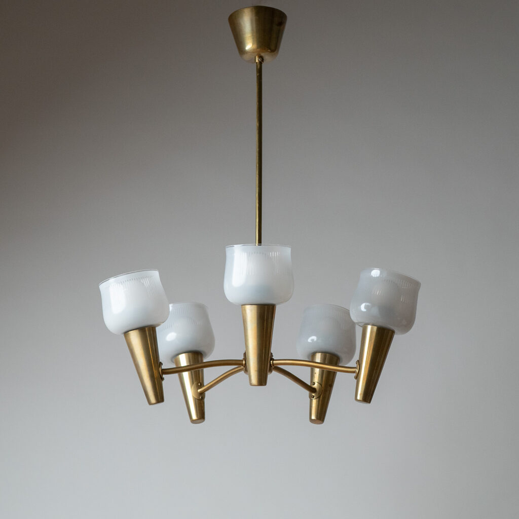 Böhlmarks Brass And Enameled Glass Chandelier, 1950s
